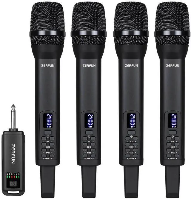 Main image of 4 Rechargeable Wireless Microphones, Pro Handheld Cordless Mics System with Echo Treble BASS VOL Control for Karaoke Singing Church Party, 1/4'' Output, Black