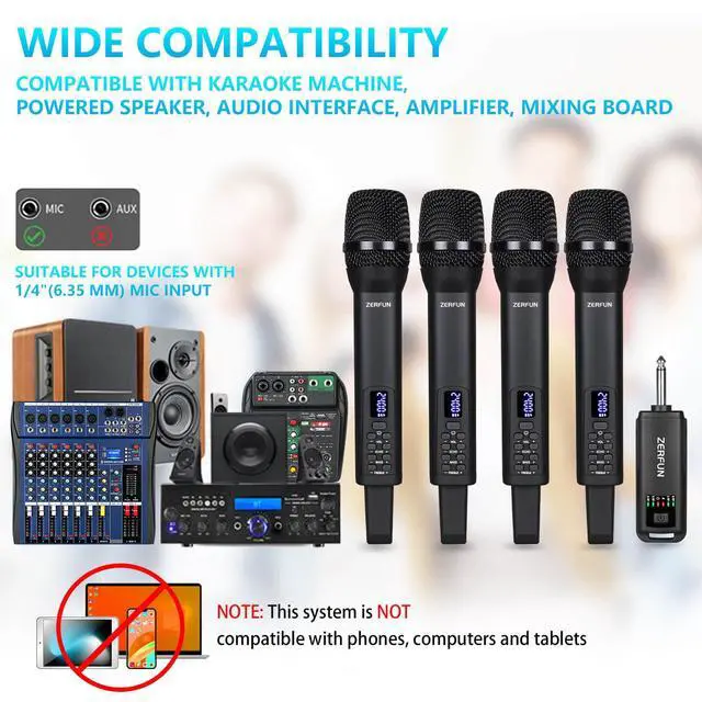 Alt view image 2 of 7 - 4 Rechargeable Wireless Microphones, Pro Handheld Cordless Mics System with Echo Treble BASS VOL Control for Karaoke Singing Church Party, 1/4'' Output, Black
