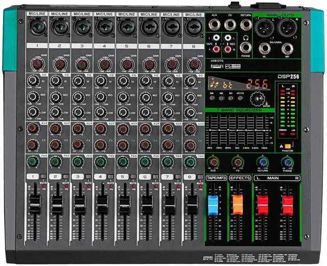 Main image of PA8 Professional Audio Mixer Sound Board Console Desk System Interface 8 Channel Digital USB Bluetooth MP3 Computer Input 48V Phantom Power Built-in 256 Reverb Effect, Black