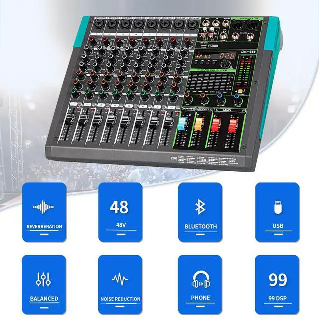 Alt view image 2 of 7 - PA8 Professional Audio Mixer Sound Board Console Desk System Interface 8 Channel Digital USB Bluetooth MP3 Computer Input 48V Phantom Power Built-in 256 Reverb Effect, Black