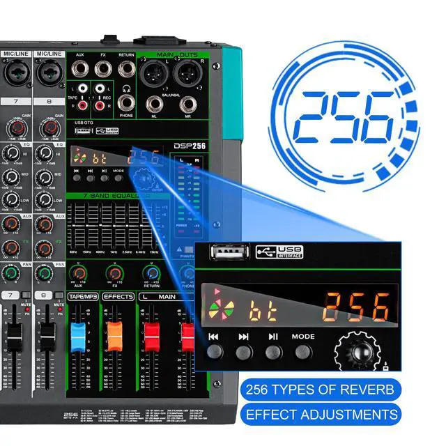 Alt view image 4 of 7 - PA8 Professional Audio Mixer Sound Board Console Desk System Interface 8 Channel Digital USB Bluetooth MP3 Computer Input 48V Phantom Power Built-in 256 Reverb Effect, Black