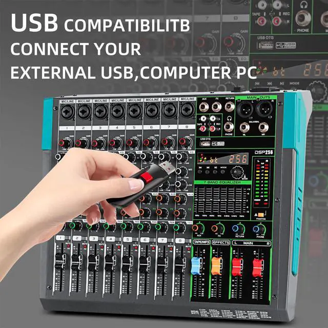 Alt view image 5 of 7 - PA8 Professional Audio Mixer Sound Board Console Desk System Interface 8 Channel Digital USB Bluetooth MP3 Computer Input 48V Phantom Power Built-in 256 Reverb Effect, Black
