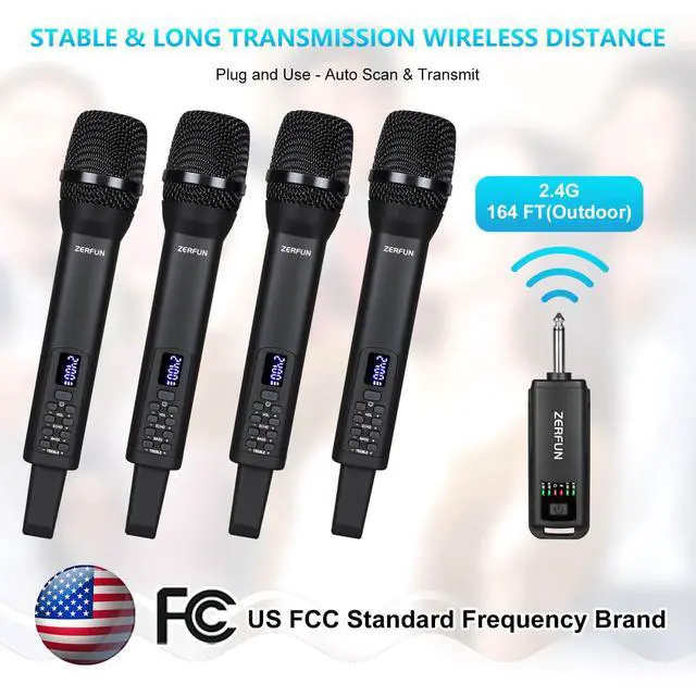 Alt view image 5 of 7 - 4 Rechargeable Wireless Microphones, Pro Handheld Cordless Mics System with Echo Treble BASS VOL Control for Karaoke Singing Church Party, 1/4'' Output, Black
