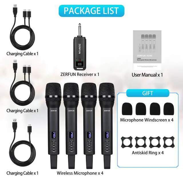 Alt view image 7 of 7 - 4 Rechargeable Wireless Microphones, Pro Handheld Cordless Mics System with Echo Treble BASS VOL Control for Karaoke Singing Church Party, 1/4'' Output, Black