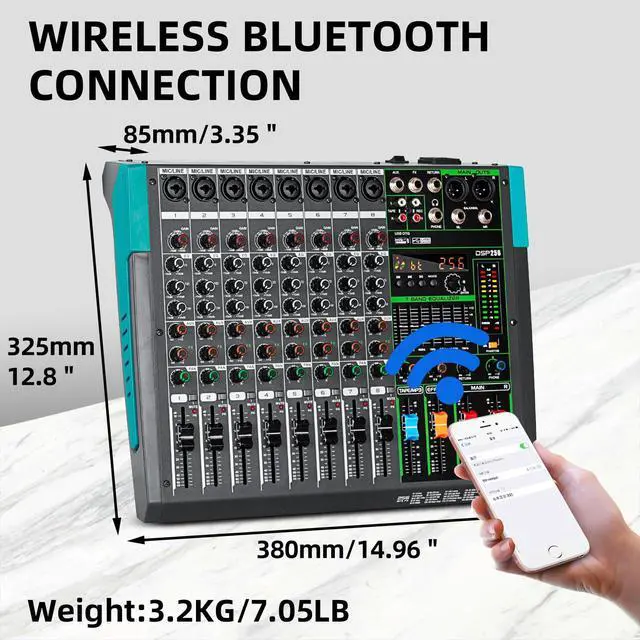 Alt view image 6 of 7 - PA8 Professional Audio Mixer Sound Board Console Desk System Interface 8 Channel Digital USB Bluetooth MP3 Computer Input 48V Phantom Power Built-in 256 Reverb Effect, Black