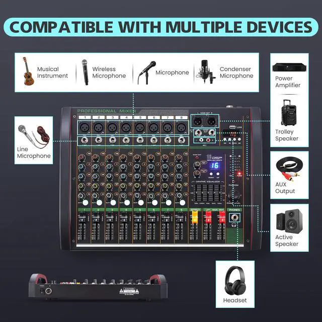 Alt view image 3 of 7 - Audio Mixer 8 Channel, Professional Music Sound Mixer Board with 48V Phantom Power, Digital DJ Mixing Console with Reverb USB Port Bluetooth for Recording Karaoke Podcasting