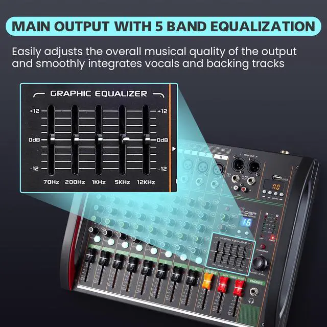 Alt view image 5 of 7 - Audio Mixer 8 Channel, Professional Music Sound Mixer Board with 48V Phantom Power, Digital DJ Mixing Console with Reverb USB Port Bluetooth for Recording Karaoke Podcasting