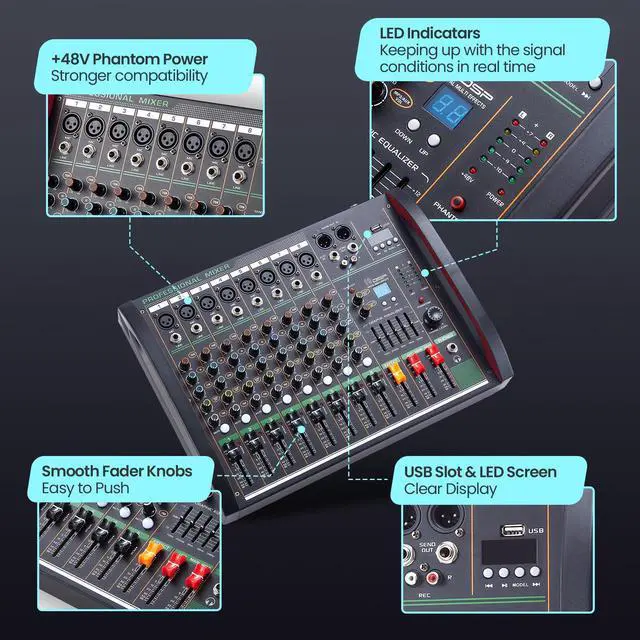 Alt view image 4 of 7 - Audio Mixer 8 Channel, Professional Music Sound Mixer Board with 48V Phantom Power, Digital DJ Mixing Console with Reverb USB Port Bluetooth for Recording Karaoke Podcasting