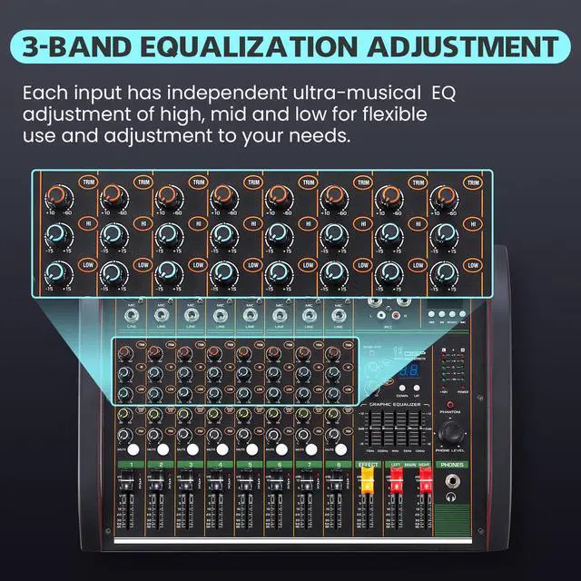 Alt view image 6 of 7 - Audio Mixer 8 Channel, Professional Music Sound Mixer Board with 48V Phantom Power, Digital DJ Mixing Console with Reverb USB Port Bluetooth for Recording Karaoke Podcasting