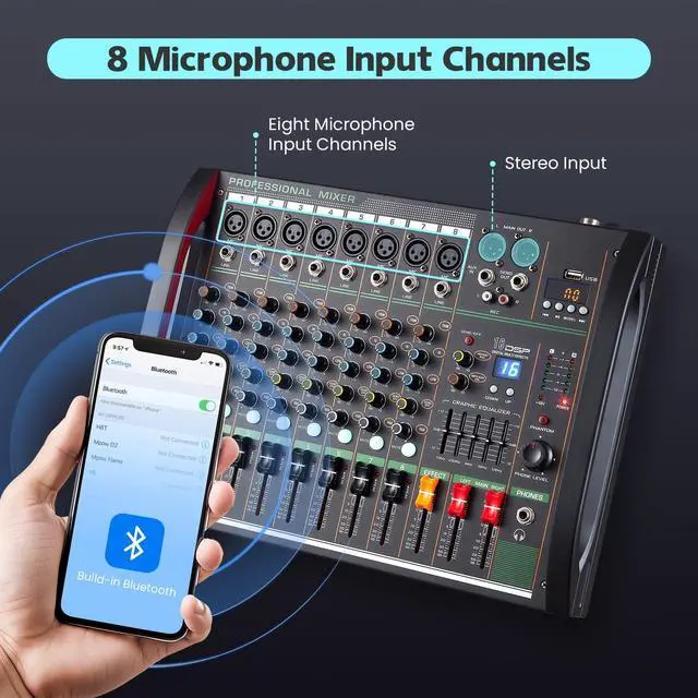 Alt view image 7 of 7 - Audio Mixer 8 Channel, Professional Music Sound Mixer Board with 48V Phantom Power, Digital DJ Mixing Console with Reverb USB Port Bluetooth for Recording Karaoke Podcasting