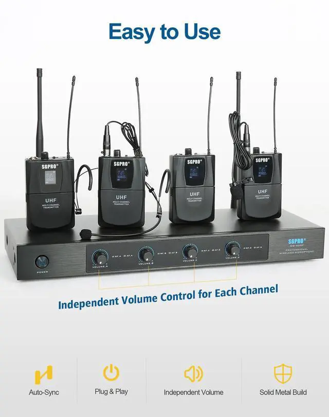 Alt view image 5 of 7 - SG-400F4B 4-Channel Wireless Headset Microphone System | 4 headset configurations, 250 ft range, Metal microphones and receiver, Fixed frequency, Events and live performance