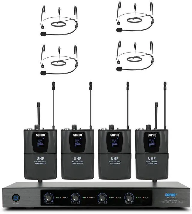 Main image of SG-400F4B 4-Channel Wireless Headset Microphone System | 4 headset configurations, 250 ft range, Metal microphones and receiver, Fixed frequency, Events and live performance