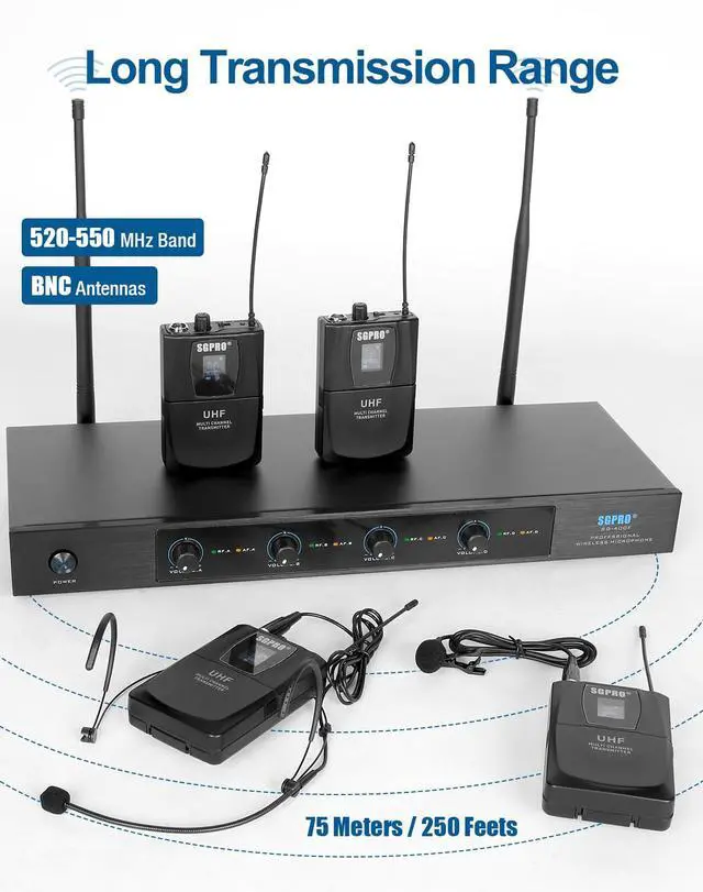 Alt view image 2 of 7 - SG-400F4B 4-Channel Wireless Headset Microphone System | 4 headset configurations, 250 ft range, Metal microphones and receiver, Fixed frequency, Events and live performance