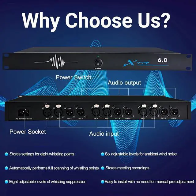 Alt view image 7 of 7 - 6 In 6 Out Feedback Suppressor, DSP Anti-Feedback Audio Processor | DSP Signal Processing; Rack Installation; XLR Input Output; Live Sound Support; PA System Compatibility