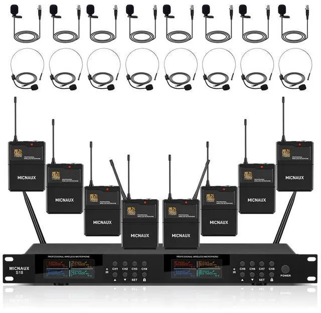Main image of Lapel Wireless Microphone System with Headset & Lavalier Mics, Pro 8 Channel UHF Mics Set with Bodypack Transmitter & Metal Receiver, 200 Adjustable Frequency, 300ft Range for Church, Party