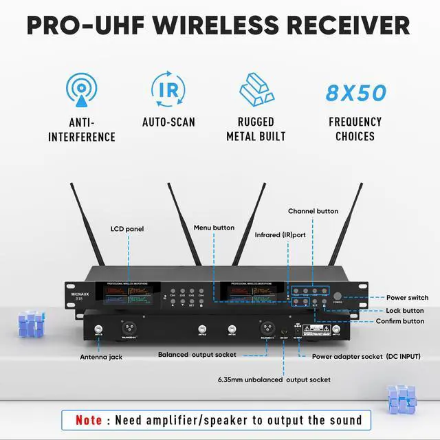 Alt view image 2 of 7 - Lapel Wireless Microphone System with Headset & Lavalier Mics, Pro 8 Channel UHF Mics Set with Bodypack Transmitter & Metal Receiver, 200 Adjustable Frequency, 300ft Range for Church, Party