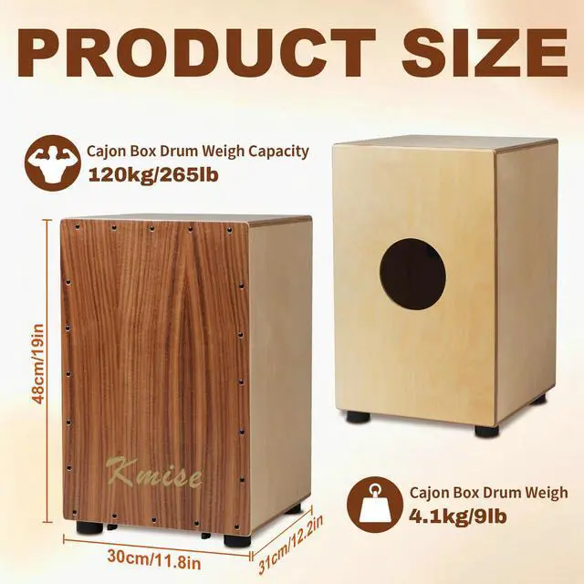 Alt view image 2 of 7 - Portable Cajon Drum Box, 11.8×12.2×19" Adjustable Snare Cajons Drums, Solid Acacia & Birch Wood, Percussion Instrument Gift for Adults Kids, With Carry Bag,for Home Live Performance Practice