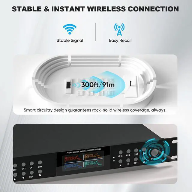 Alt view image 6 of 7 - Lapel Wireless Microphone System with Headset & Lavalier Mics, Pro 8 Channel UHF Mics Set with Bodypack Transmitter & Metal Receiver, 200 Adjustable Frequency, 300ft Range for Church, Party