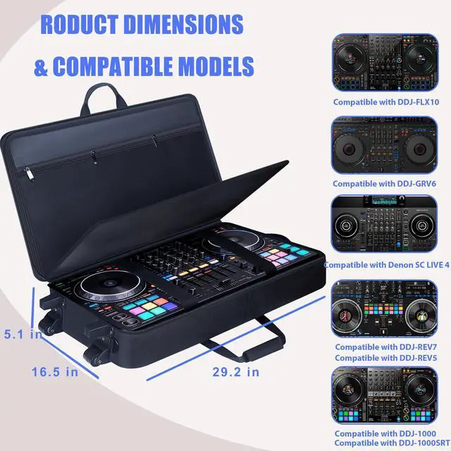 Alt view image 7 of 7 - DJ Controller Case with Wheels for DDJ FLX10/GRV6/REV7/REV5/1000/SC LIVE 4 | DJ Roller Gig Bag, Full Soft Padded, Multiple Pockets, with Backpack- and Shoulder-Strap, for DJ and Music Producers