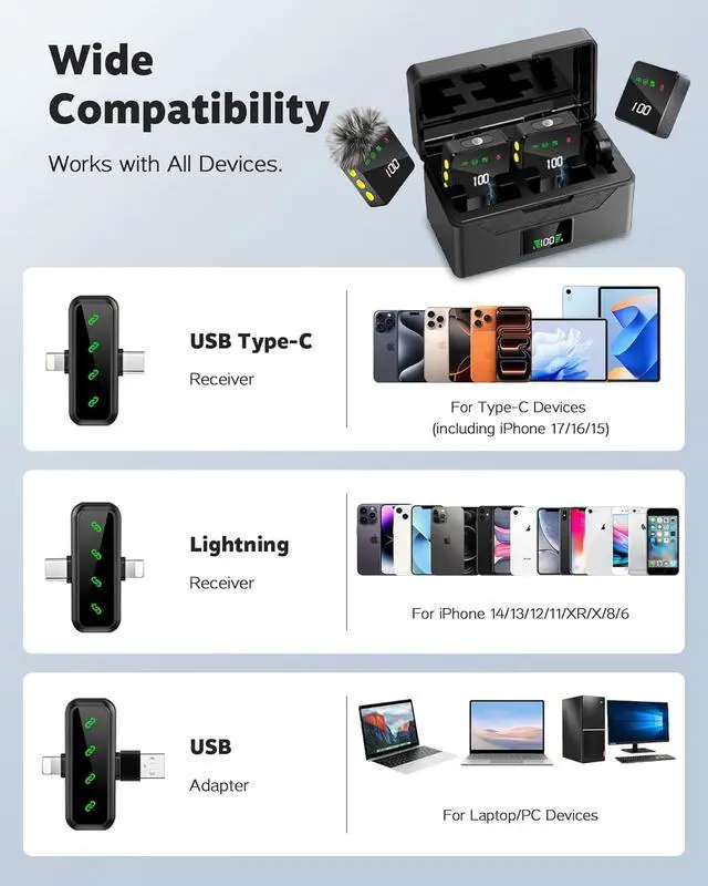 Alt view image 5 of 7 - 4 Pack Wireless Lavalier Microphone with 100H Charging Case | Mini Mics for iPhone/iPad/Android; LED Display, AI Noise Reduction, 4-Person Video Recording, Podcasts, YouTube, TikTok, Vlog