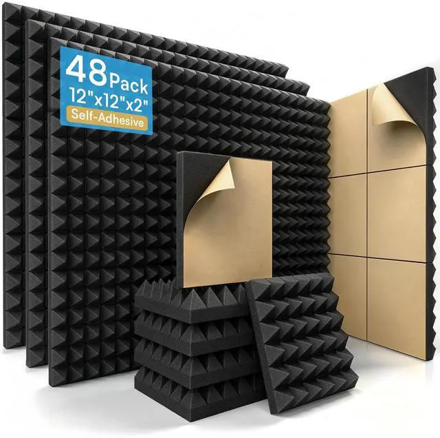 Main image of 48 Pack Self-Adhesive Pyramid Acoustic Foam Panels, 12" x 12" x 2" | 2" Thick Pyramid Foam / High-Density Structure / Enhanced Sound Control / Easy Installation / Complete Room Coverage