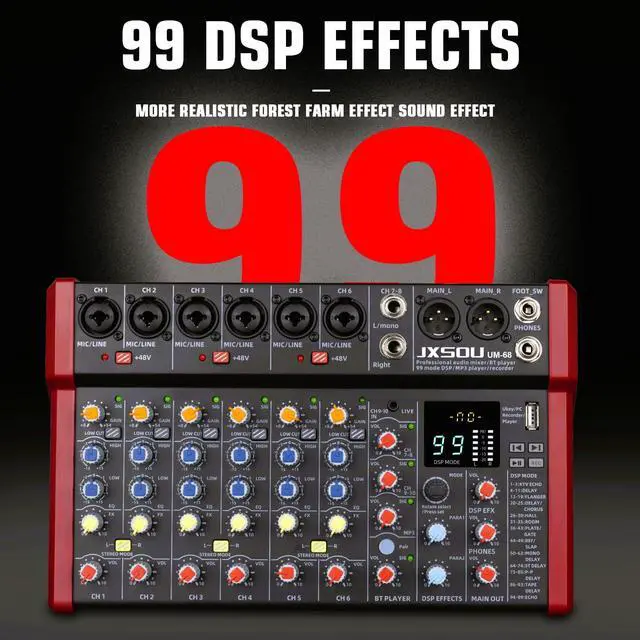 Alt view image 3 of 7 - 10-Channel Audio Mixer with 99 DSP Effects and 48V Phantom Power | DJ sound board mixer with Bluetooth, USB, XLR input, and stereo mixing for karaoke, studio, PC recording, and live use
