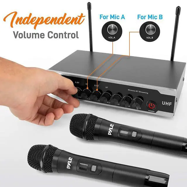 Alt view image 5 of 7 - Portable Uhf Wireless Microphone System - Battery Operated Dual Bluetooth Cordless Microphone Set, Includes 2 Handheld Transmitter mic, Receiver Base, Aux, RCA, for PA Karaoke DJ Party -PDWM2125