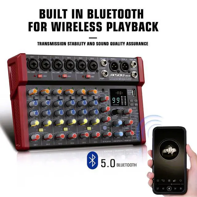 Alt view image 5 of 7 - 10-Channel Audio Mixer with 99 DSP Effects and 48V Phantom Power | DJ sound board mixer with Bluetooth, USB, XLR input, and stereo mixing for karaoke, studio, PC recording, and live use