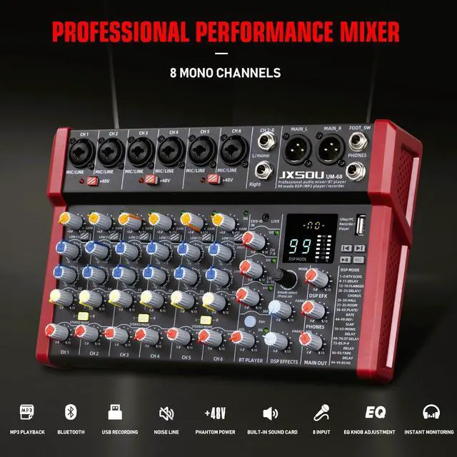 Alt view image 2 of 7 - 10-Channel Audio Mixer with 99 DSP Effects and 48V Phantom Power | DJ sound board mixer with Bluetooth, USB, XLR input, and stereo mixing for karaoke, studio, PC recording, and live use