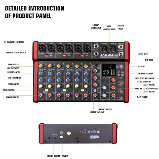 Alt view image 7 of 7 - 10-Channel Audio Mixer with 99 DSP Effects and 48V Phantom Power | DJ sound board mixer with Bluetooth, USB, XLR input, and stereo mixing for karaoke, studio, PC recording, and live use
