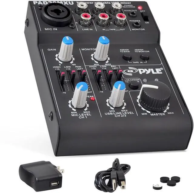 Main image of 5-Channel Rechargeable Mini Portable Audio Mixer Compact Music Mixer DJ Controller with USB Interface, Slider EQ Controls, XLR Combo Mic Input, Rechargeable Battery, USB/Line/Master Controls