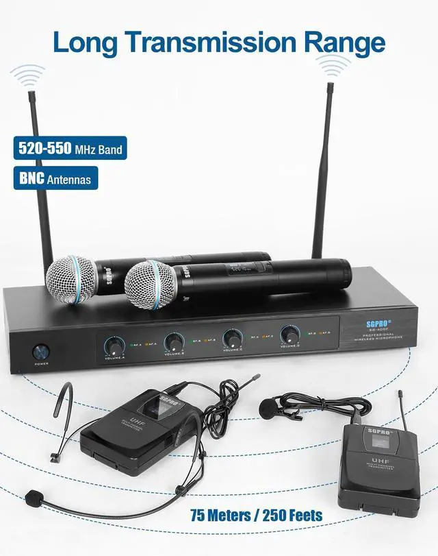 Alt view image 2 of 7 - SG-400FHB 4-Channel Wireless Microphone System | 2 handheld and 2 headset mics, 250 ft range, Metal mics and receiver, Fixed frequency, Events and live performance