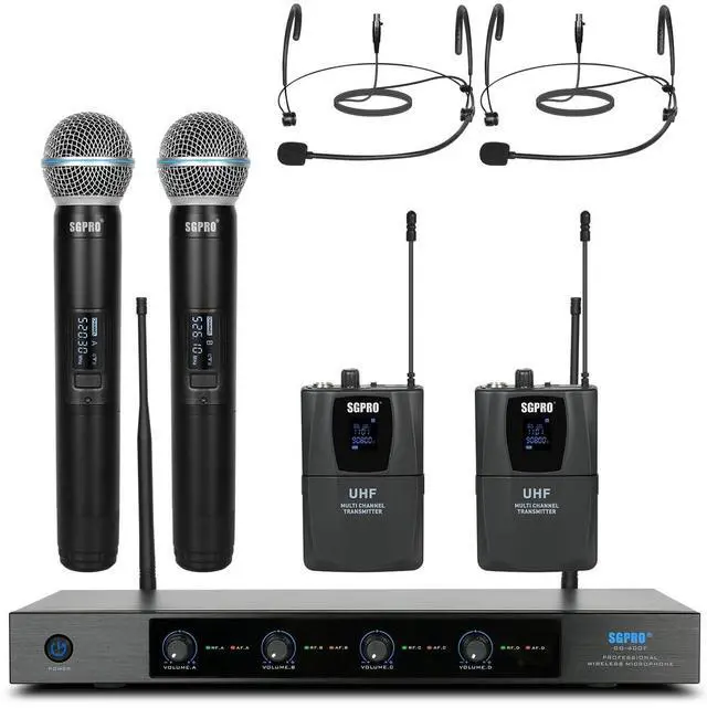Main image of SG-400FHB 4-Channel Wireless Microphone System | 2 handheld and 2 headset mics, 250 ft range, Metal mics and receiver, Fixed frequency, Events and live performance