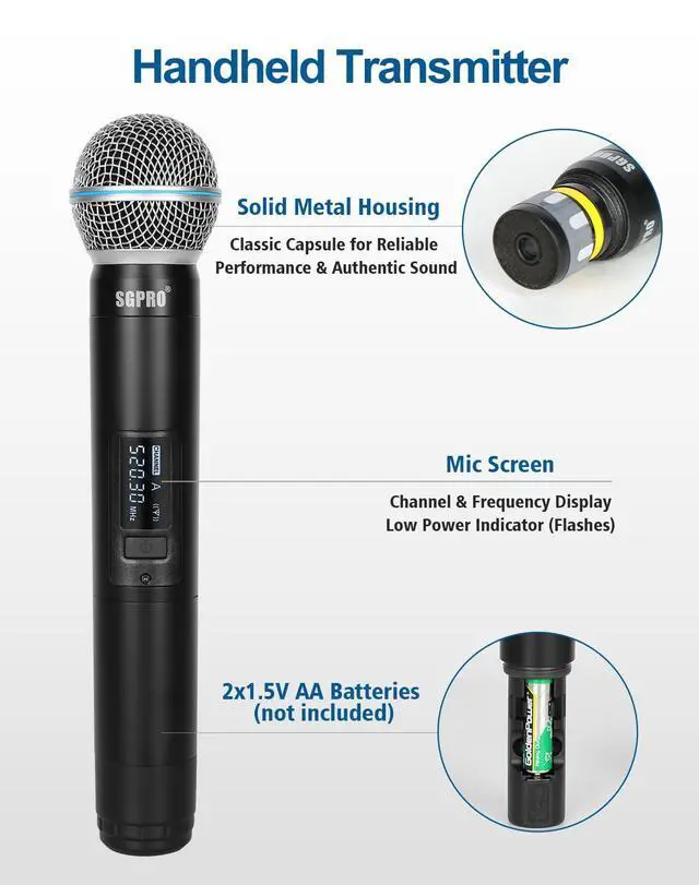 Alt view image 4 of 7 - SG-400FHB 4-Channel Wireless Microphone System | 2 handheld and 2 headset mics, 250 ft range, Metal mics and receiver, Fixed frequency, Events and live performance