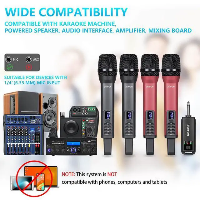 Alt view image 2 of 7 - 4 Rechargeable Wireless Microphones, Pro Handheld Cordless Mics System with Echo Treble BASS VOL Control for Karaoke Singing Church Party, 1/4'' Output, Grey&Red