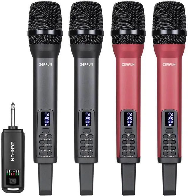 Main image of 4 Rechargeable Wireless Microphones, Pro Handheld Cordless Mics System with Echo Treble BASS VOL Control for Karaoke Singing Church Party, 1/4'' Output, Grey&Red