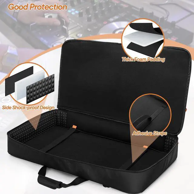 Alt view image 3 of 7 - DJ Controller Carrying Case Storage Bag with Foam Padding(L,Black) | Compatible with Pioneer DDJ RX/SX/SX2/SX3/Denon MC7000/Numark NS6, Fixing Strap, Multiple Pocket, Soft Lining, Shoulder Strap