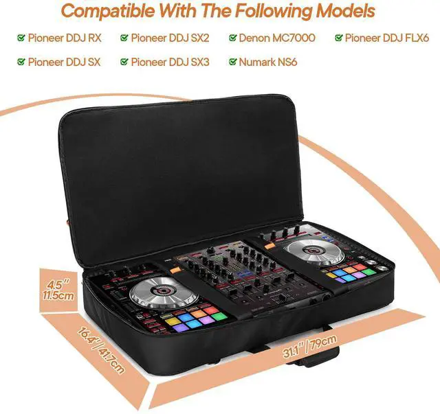 Alt view image 4 of 7 - DJ Controller Carrying Case Storage Bag with Foam Padding(L,Black) | Compatible with Pioneer DDJ RX/SX/SX2/SX3/Denon MC7000/Numark NS6, Fixing Strap, Multiple Pocket, Soft Lining, Shoulder Strap