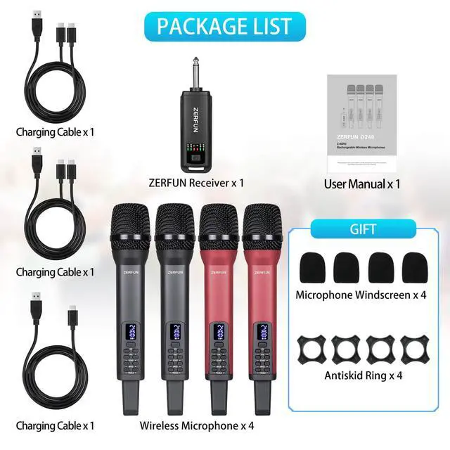 Alt view image 7 of 7 - 4 Rechargeable Wireless Microphones, Pro Handheld Cordless Mics System with Echo Treble BASS VOL Control for Karaoke Singing Church Party, 1/4'' Output, Grey&Red