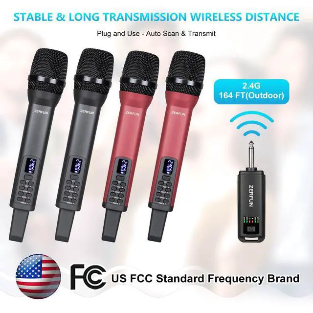 Alt view image 5 of 7 - 4 Rechargeable Wireless Microphones, Pro Handheld Cordless Mics System with Echo Treble BASS VOL Control for Karaoke Singing Church Party, 1/4'' Output, Grey&Red