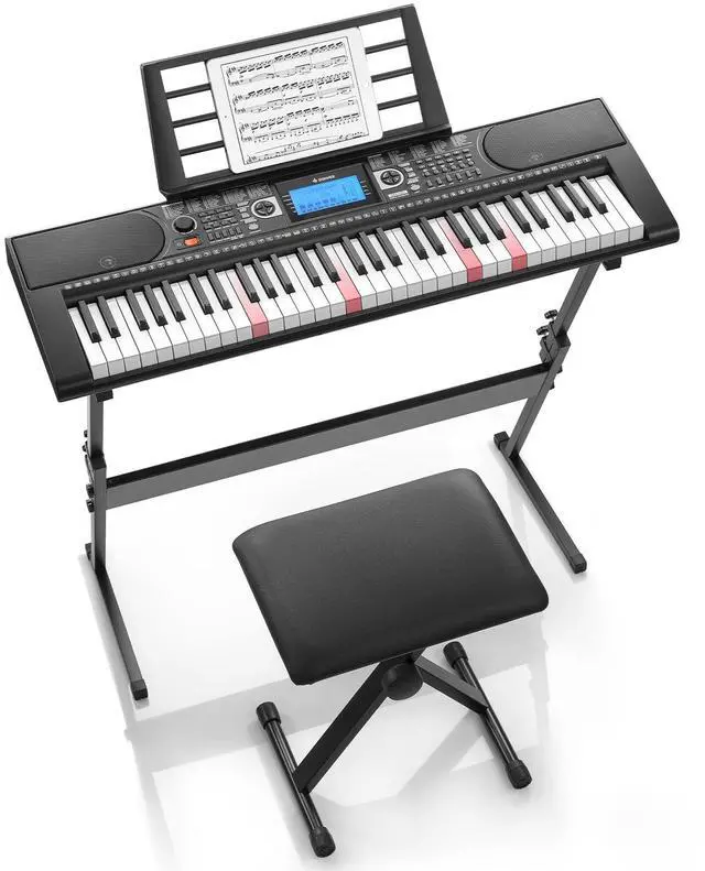 Main image of 61 Key Keyboard Piano, Electric Piano Keyboard Set with Lighted Keys, LCD Display, 300 Tones & 256 Rhythms, Z-Stand, Bench, Learning Modes, Complete Kit for Beginners, BlackDEK-630