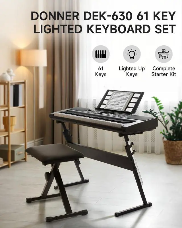 Alt view image 2 of 6 - 61 Key Keyboard Piano, Electric Piano Keyboard Set with Lighted Keys, LCD Display, 300 Tones & 256 Rhythms, Z-Stand, Bench, Learning Modes, Complete Kit for Beginners, BlackDEK-630