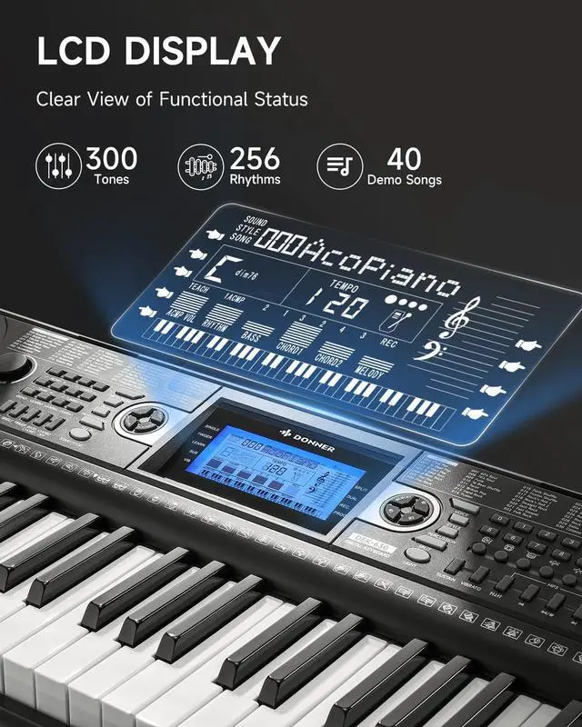 Alt view image 3 of 6 - 61 Key Keyboard Piano, Electric Piano Keyboard Set with Lighted Keys, LCD Display, 300 Tones & 256 Rhythms, Z-Stand, Bench, Learning Modes, Complete Kit for Beginners, BlackDEK-630
