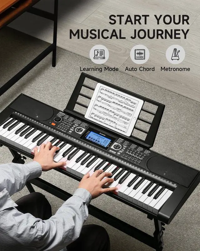 Alt view image 6 of 6 - 61 Key Keyboard Piano, Electric Piano Keyboard Set with Lighted Keys, LCD Display, 300 Tones & 256 Rhythms, Z-Stand, Bench, Learning Modes, Complete Kit for Beginners, BlackDEK-630