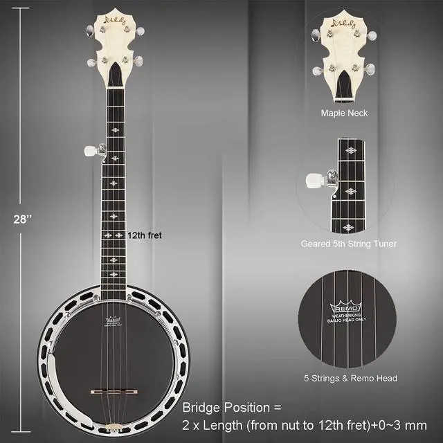 Alt view image 3 of 6 - 5 String Mini Banjo, 28" Portable Travel Maple Banjo Remo Head | 28" Travel Banjo: Compact 5-string banjo with a maple body and premium Remo head. Includes a gig bag, tuner, and picks