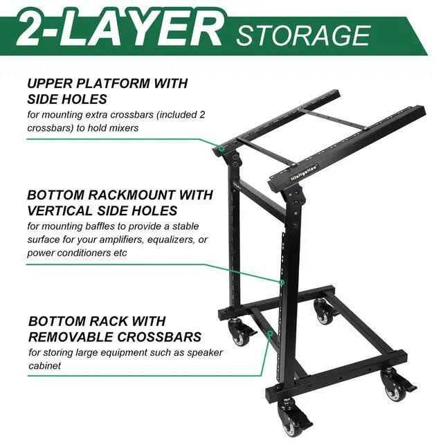 Alt view image 2 of 7 - 12U DJ Mixer Stand Rack Mount Rolling Stand Adjustable Stage Cart | For Music Studio Booth Pro Audio Recording Cabinet Stage Equipment