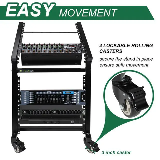Alt view image 5 of 7 - 12U DJ Mixer Stand Rack Mount Rolling Stand Adjustable Stage Cart | For Music Studio Booth Pro Audio Recording Cabinet Stage Equipment