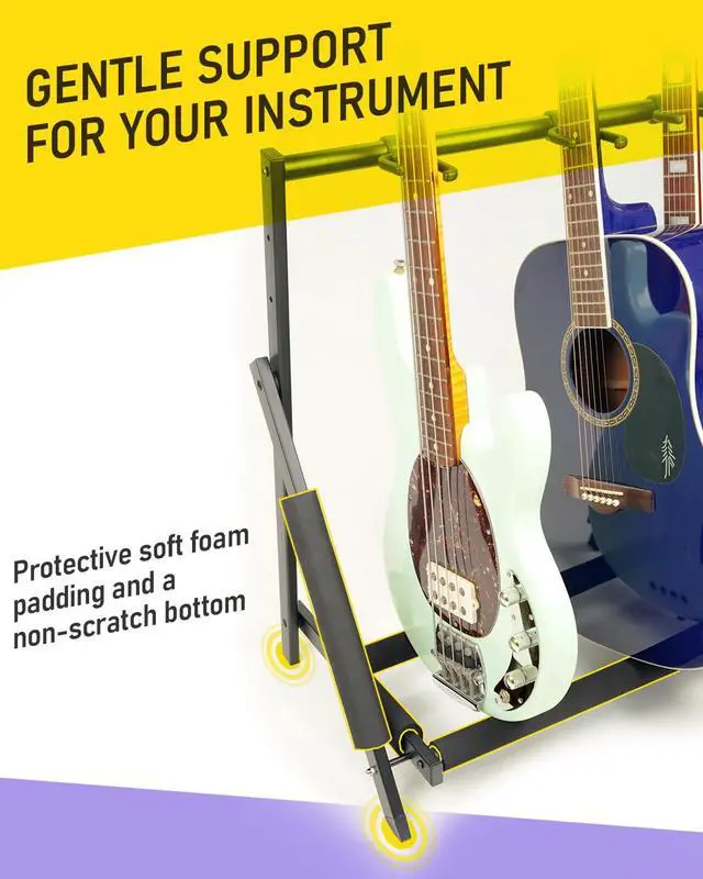 Alt view image 4 of 7 - Multi Guitar Stand, Foldable 5 Holder Rack with Adjustable Height & Width, Easy Assembly & Storage, Reliable Soft Foam Padding to Protect Acoustic or Electric Guitars & Basses, Black