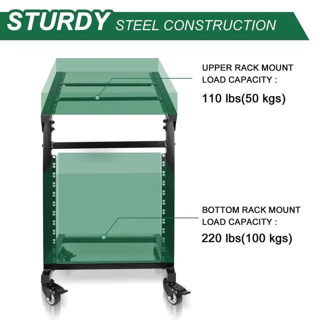 Alt view image 6 of 7 - 12U DJ Mixer Stand Rack Mount Rolling Stand Adjustable Stage Cart | For Music Studio Booth Pro Audio Recording Cabinet Stage Equipment