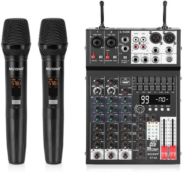 Main image of Audio Mixer 4 Channel with Dual Microphones, Pro 99DSP Sound Music Console DJ Mixing Board with 7-band EQ, USB, Bluetooth, 48V Phantom Power & PAD Function for Recording PA Live Live Streaming